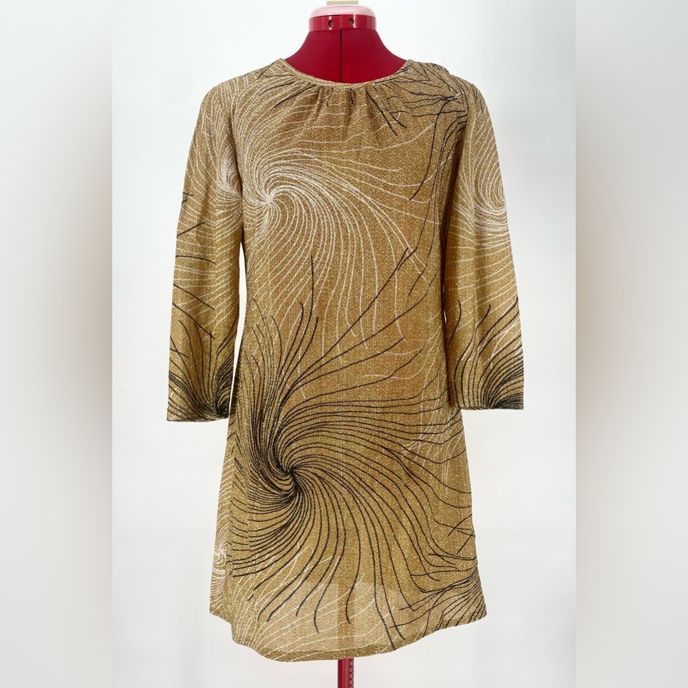 Vintage Gold Metallic Swirl Print Glitter Mini Long Sleeve Shift Dress